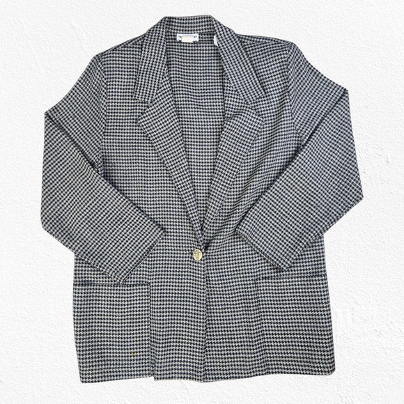 1980s Vintage Black White Houndstooth Blazer Crest Button Made in USA Size Large - Picture 1 of 10